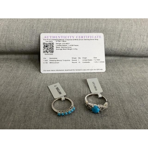 274 - Two sterling silver & turquoise set rings, one with certificate (sizes S & N 1/2, both new)