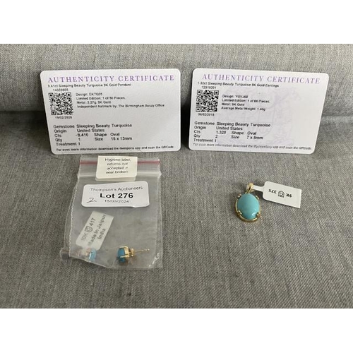 276 - 9ct gold & turquoise oval pendant & pair of 9ct gold & turquoise earrings both with certificates (Bo... 