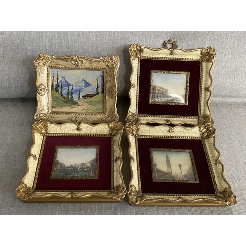 314 - 3 framed Venetian miniatures & J. Benz Alpine scene miniature oil on board 14cm square