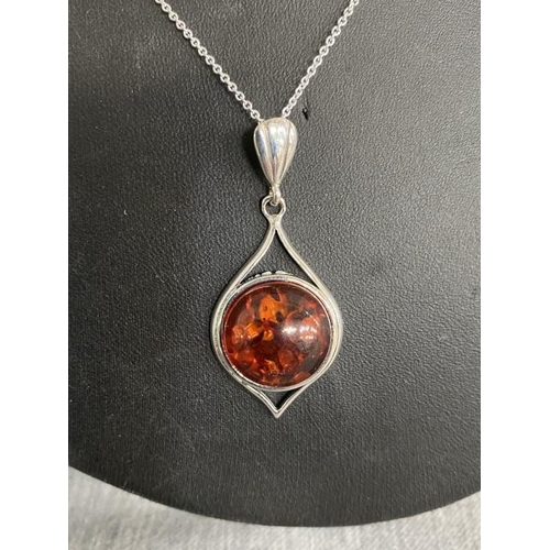 316 - Silver & amber pendant on silver chain