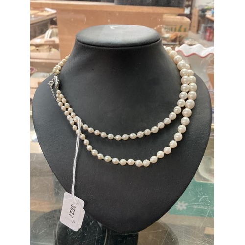 379 - Double pearl string necklace with 800 grade silver clasp