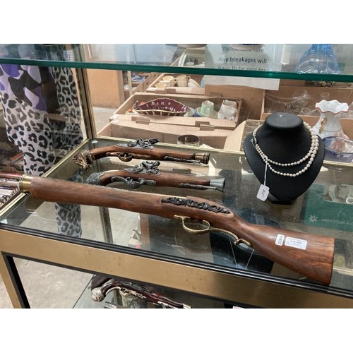 380 - 2 reproduction display flintlock pistols & a Blunderbuss (All display replica pieces)