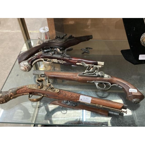 383 - 4 reproduction flintlock pistols inc. Hawkins (One as seen, all display replica pieces)