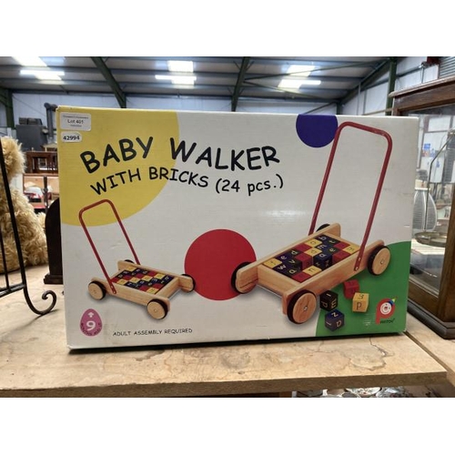 401 - Boxed Pintoy wooden baby walker with bricks (24 pieces) (9 months up, as new)