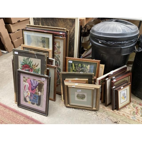 429 - Large collection of pictures inc. shadow box, tapestries, gilt framed bevel edged mirror, gilt frame... 