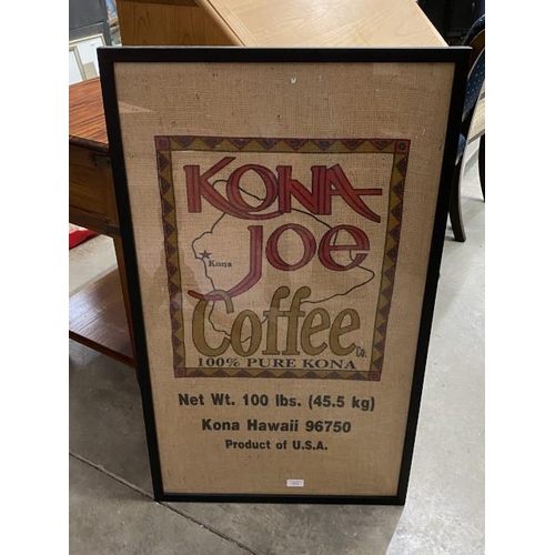 77 - ‘Kona Joe Coffee’ framed hessian 59 x 100cm