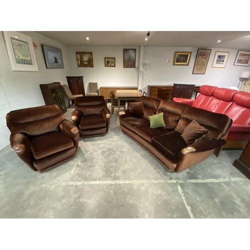 84 - Mid century 3 piece suite with teak hand rest (settee 190W & 2 chairs 85W) for decorative purposes o... 