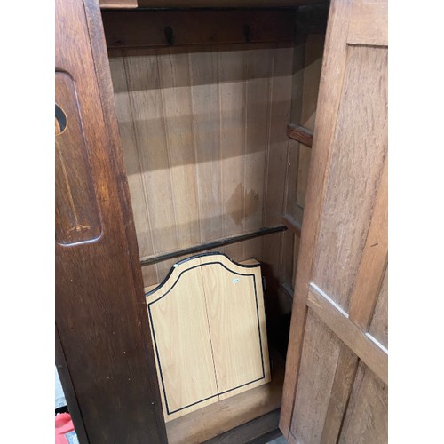 185 - Arts & Crafts oak cupboard (will require shelves) 163H 83W 41D, 2 oak stools 20H & 28H & a Unicorn M... 