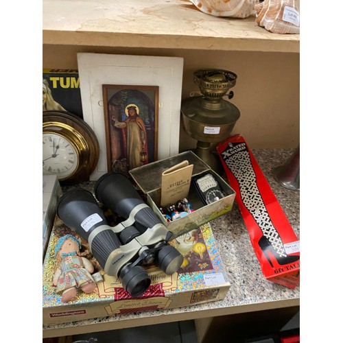 370 - Qty of collectables inc. brass log box, Traveler 10-30x60 binoculars, oak mantel clock, playing card... 