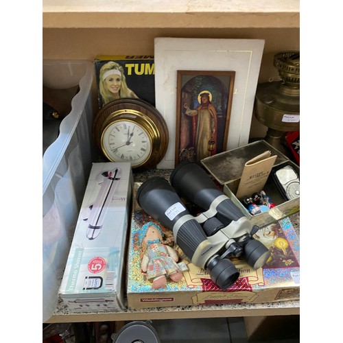 370 - Qty of collectables inc. brass log box, Traveler 10-30x60 binoculars, oak mantel clock, playing card... 