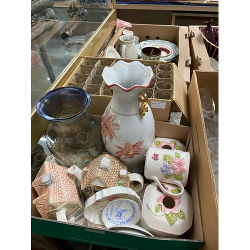 371 - 7 boxes of glassware, vases, small wash jugs & bowls, Crown Staffordshire tea set, teapots etc.