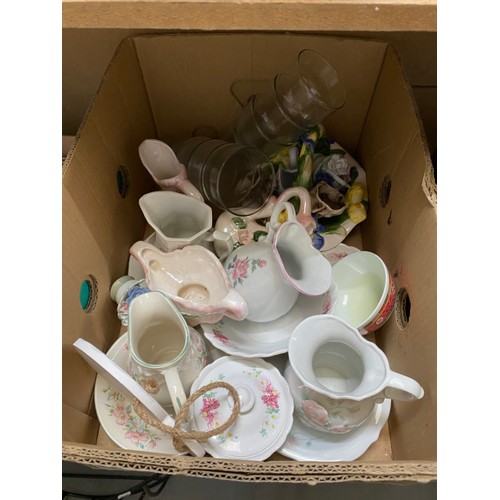 371 - 7 boxes of glassware, vases, small wash jugs & bowls, Crown Staffordshire tea set, teapots etc.