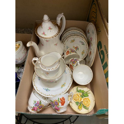 371 - 7 boxes of glassware, vases, small wash jugs & bowls, Crown Staffordshire tea set, teapots etc.