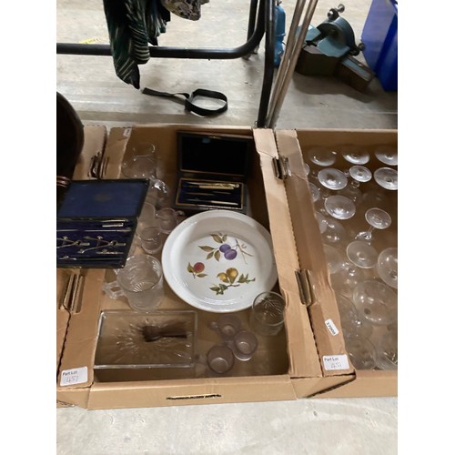 451 - 2 boxes of assorted glasses including cut glass, Royal Worcester 'Evesham' dish, Hornsea Saffron cof... 