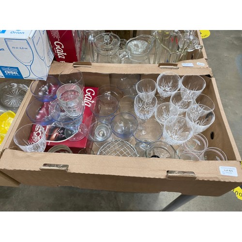 425 - 6 boxes of mixed glassware inc. etched glasses, water jugs, art glass, Arcoroc, French ashtray etc.