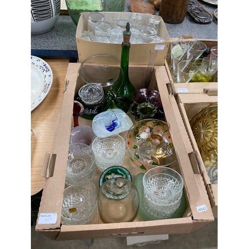 425 - 6 boxes of mixed glassware inc. etched glasses, water jugs, art glass, Arcoroc, French ashtray etc.