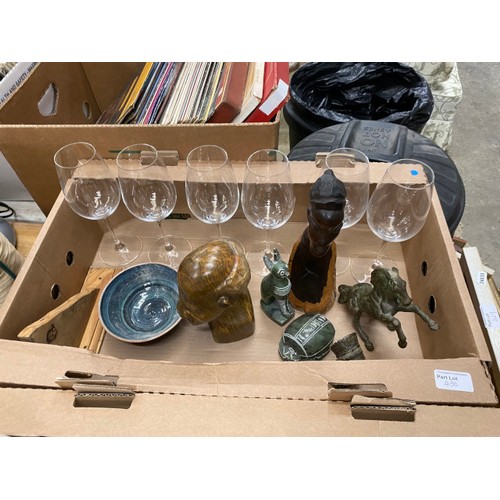 430 - Chinese 3 fold table screen 36H, collection of seashells, set of 6 Dartington wine glasses, 2 polish... 