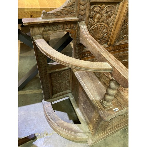 71 - Victorian style carved oak hall bench 110H 112W 46D