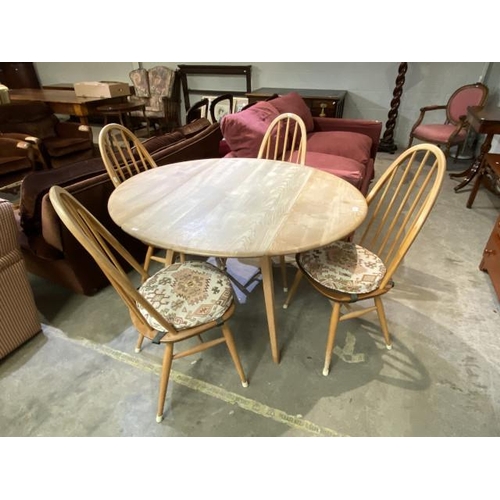 103 - Blond elm Ercol drop leaf table 72H 114W 61-125D & 4 Quaker chairs (please note sun damage to both t... 