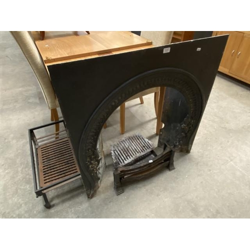 144 - Victorian cast fire insert 96W x 97H x 20D, fire grate and a fire basket 27H 62W 32D