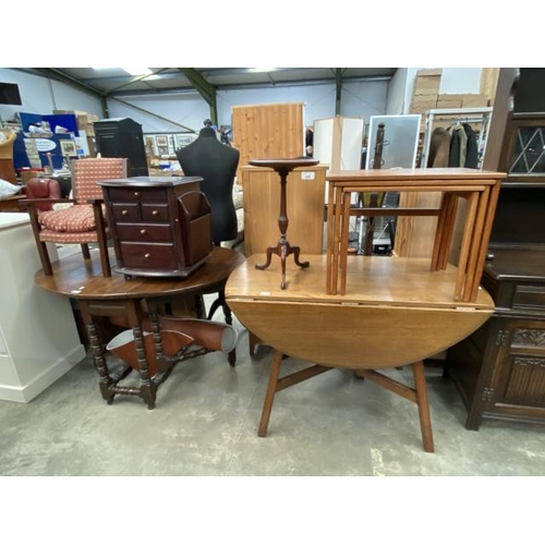 150 - Mid century teak nest of tables 47H 58W 40D, mahogany wine table 52H, oak drop leaf table 70H 31-195... 