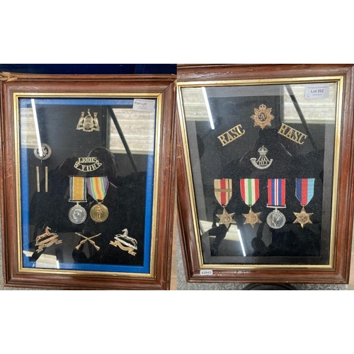 202 - Framed medals & military badges inc. WWI British War medal & Victory medal awarded to PTE Harry Clar... 