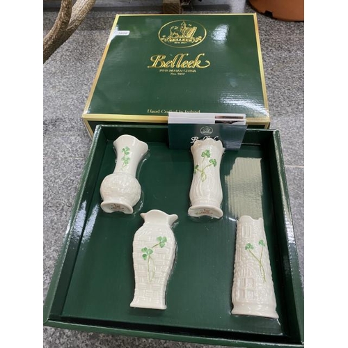 227 - Boxed Belleek mini set of 4 vases with booklet, as new