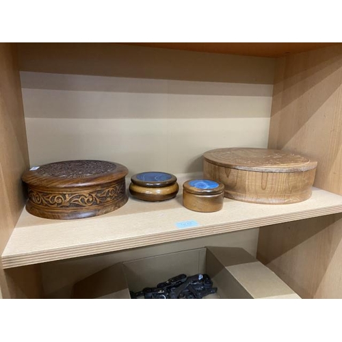 235 - Two polished agate lidded wooden trinket boxes & 2 carved wooden lidded boxes, one Native American