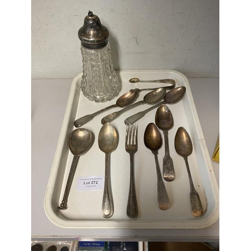 272 - Tray of mixed silver cutlery & silver topped sugar sifter (216g)