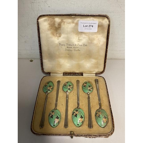 274 - Cased set of 6 Turner & Simpson, Birmingham silver & enamel teaspoons