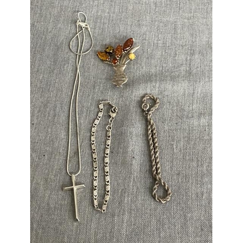 286 - Silver & faux amber brooch, 2 silver bracelets & a silver cross pendant on silver chain