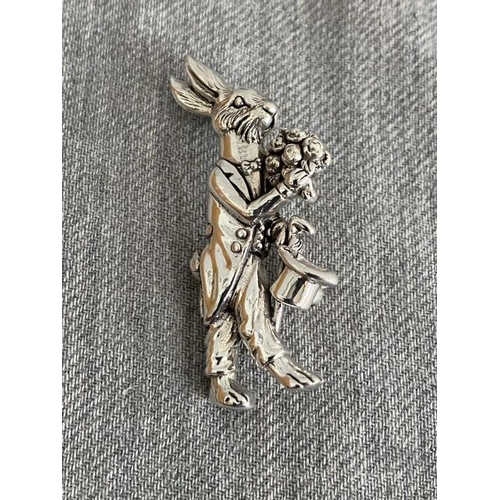 308 - Silver Peter Rabbit with flowers brooch