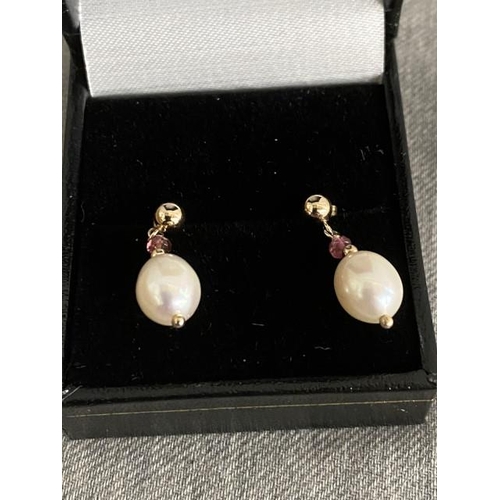 321 - Pair of 9ct gold pearl & amethyst drop earrings