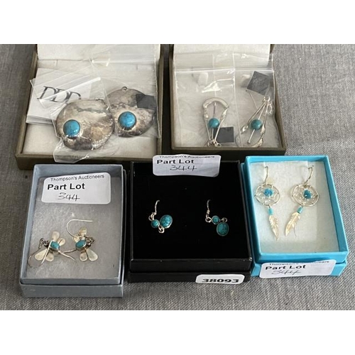 344 - 5 pairs of silver & turquoise earrings (new)