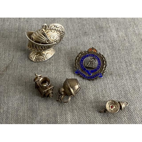 358 - 4 silver charms inc. Knight helmet & Royal Engineers badge