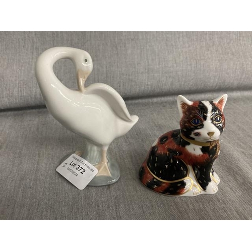 372 - Royal Crown Derby 'Calico Kitten' paperweight with gold stopper & Lladro Goose