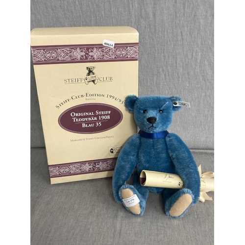 376 - Boxed original Steiff mohair teddy bear 1908 blue 35 replica Club Edition 1994/95 with certificate 3... 