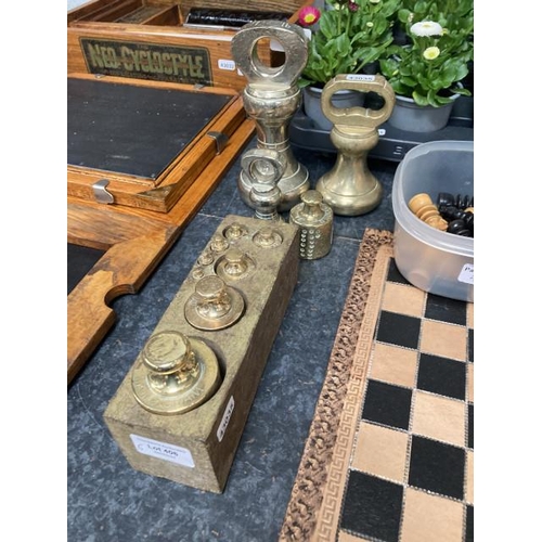 406 - Brass apothecary weights & English brass bell scale weights