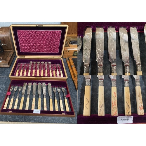 408 - Nice antique cased 24 piece fish knife & fork set with fine decorative detail to handles & plate