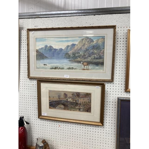 418 - Two gilt framed signed watercolours; E.A. Smith village scene 32x52cm & EE HRP lake scene 39x67cm