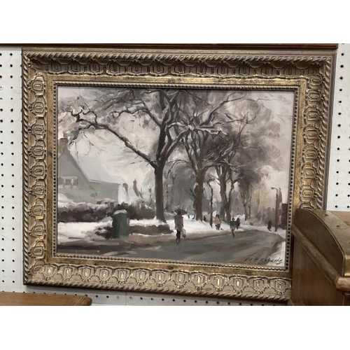 426 - Framed signed Gillian Roberts oil on board of 'Heavy Snow Fall, Walton Road, Wetherby' 41x51cm