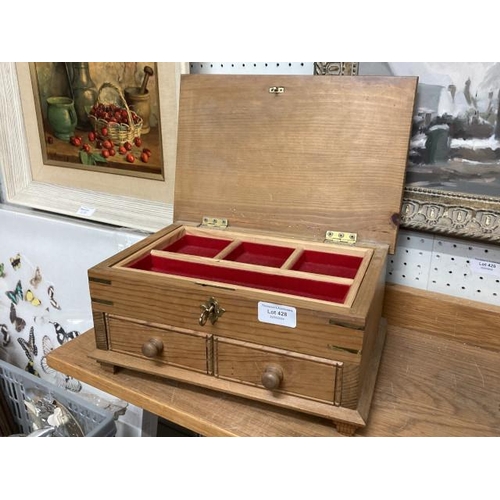 428 - Antique pine brass inlaid jewellery/ work box with key