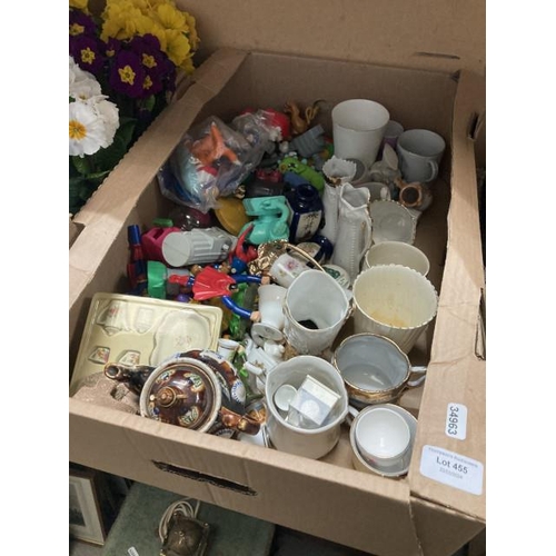 455 - Box of collectables inc. Bargeware teapot, crested ware, thimbles etc.