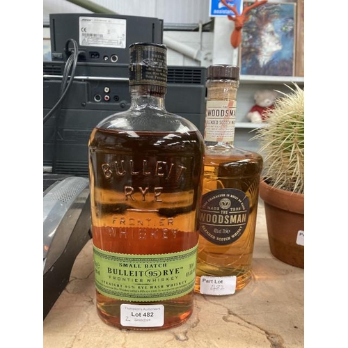 482 - Bulleit Rye Frontier whiskey 70cl & The Woodsman blended Scotch whisky 70cl