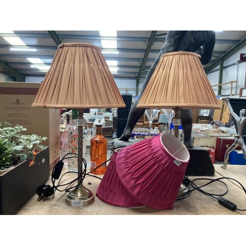 496 - Pair of Laura Ashley table lamps with gold shades 54H & a pair of hot pink lamp shades