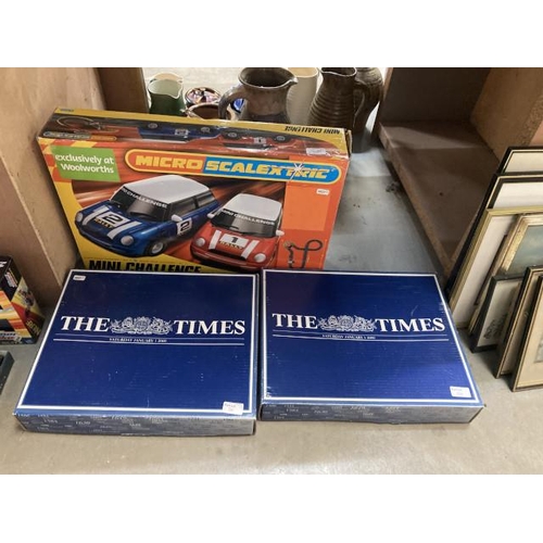 501 - Boxed Micro Scalextric 'Mini Challenge' & 2 boxed The Times newspaper editions