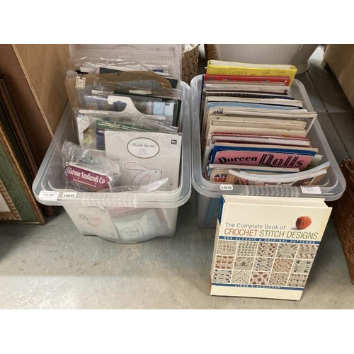 505 - 2 boxes of needle craft & embroidery kits, books relating to crochet, handicrafts, dolls etc.