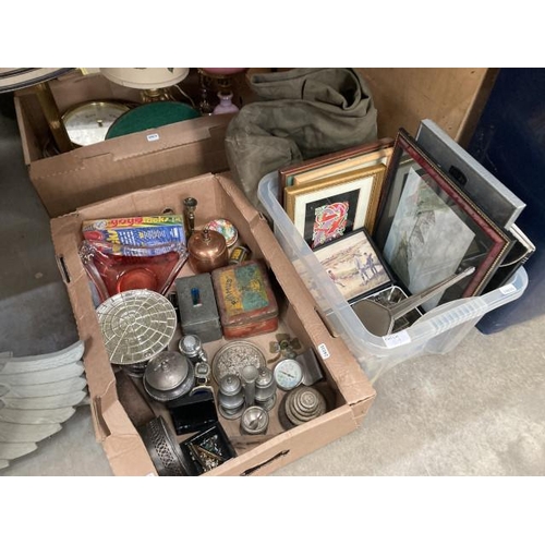 519 - 2 boxes of collectables inc. cast weights, silver plated ware, art glass bowl, Art Nouveau pewter tr... 