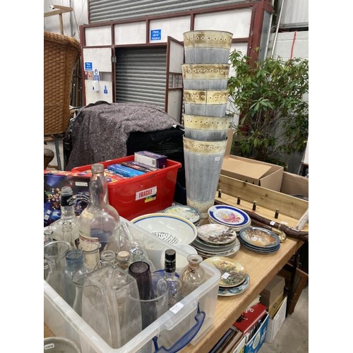 543 - Assorted collectors plates, bottles, florist buckets, walking sticks etc