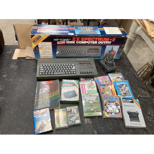 567 - Sinclair ZX Spectrum +2, 128K computer outfit with SJS1 controller and assorted games including BBC ... 